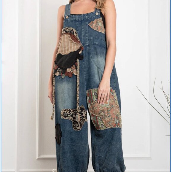 Blue Velvet Denim - NWT BlueVelvet Denim Capri Overalls with Mixed Patches in Denim Size LARGE